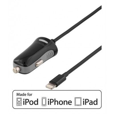 DELTACO Billaddare lightning-kontakt, 2,4A, MFi, 1m kabel, svart