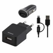 DELTACO USB laddkit, billaddare, väggladdare, USB-synk-/laddarkabel, MFi