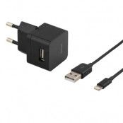 DELTACO väggladdare, USB-synk-/laddarkabel, lightning-kontakt, MFi, 1m, svart