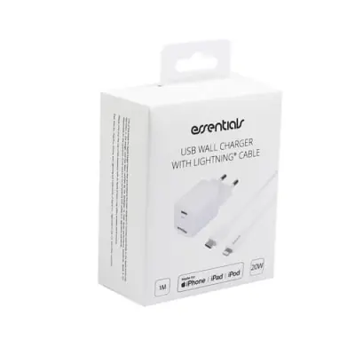 Essentials Wall Charger PD 20W USB-C Light. Kabel MFi 1m Vit