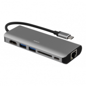 DELTACO USB-C dockningsstation HDMI RJ45 USB-A USB-C Grå